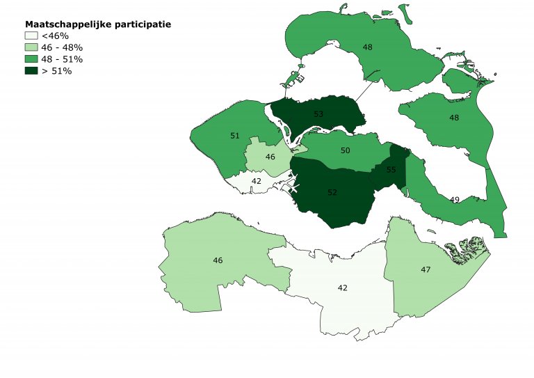 Kaart Zeeland met maatschappelijke participatie per gemeente (2020)