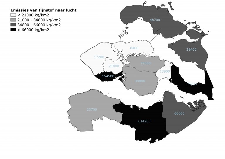 Kaart Zeeland met fijnstof per gemeente