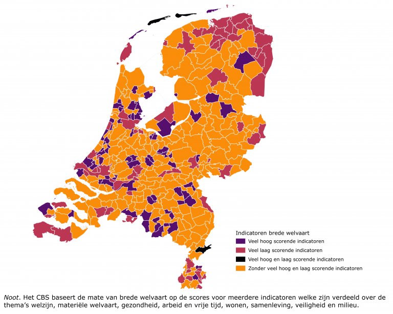Kaart van Nederland met indicatoren per gemeente. 
