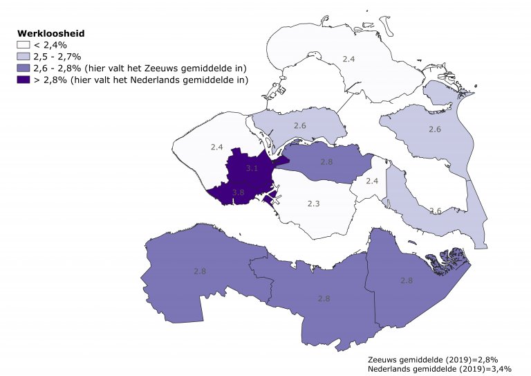 Kaart 1: Aandeel werklozen per gemeente (2019)