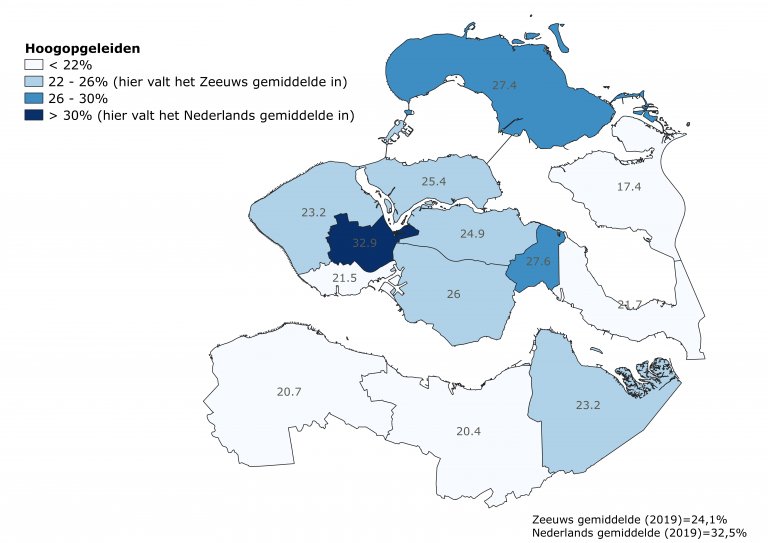 Kaart 2: Aandeel hoogopgeleiden per gemeente (2019)