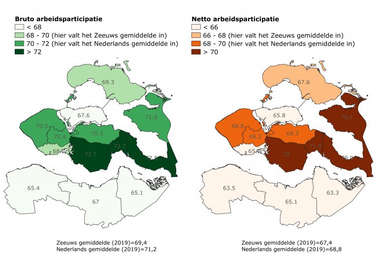 Kaart 3: Bruto en netto arbeidsparticipatie per 100 inwoners naar gemeente (2019)