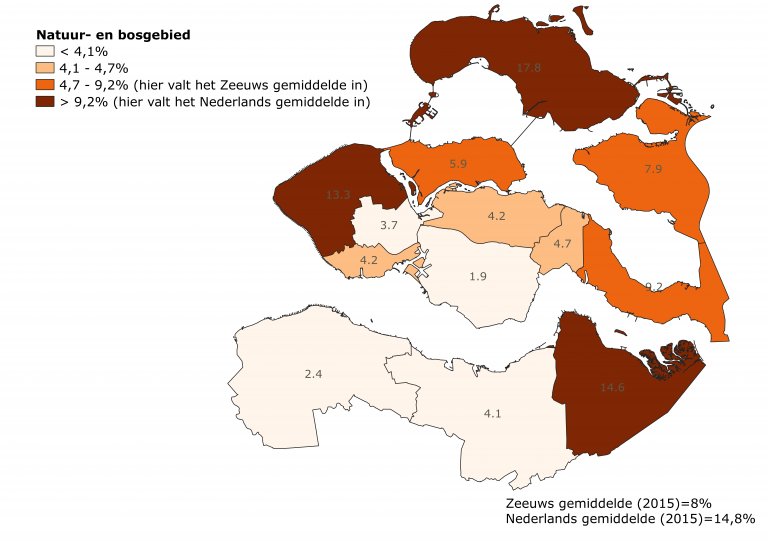 Figuur 3: Natuur- en bosgebied aandeel van totaal oppervlakte, per gemeente (2015)